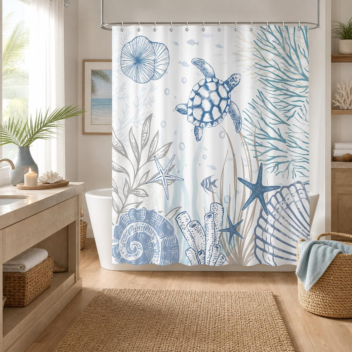 Hopomoon Sea Turtle Shower Curtain,Ocean Coastal Nautical Shells Starfish Coral Bath Curtain,Waterproof Polyester Fabric Summer Bathroom Decor with