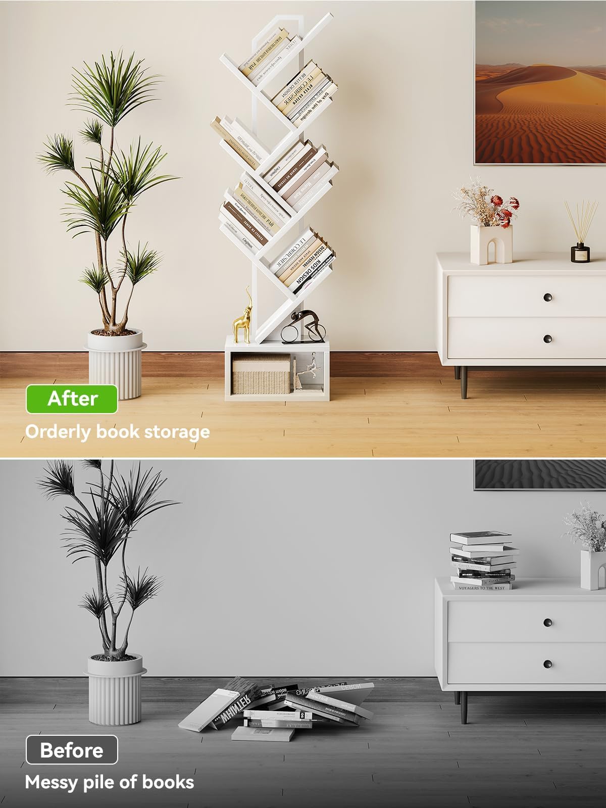 Coleshome 6-Tier Tree Bookcase, Wooden Bookshelf, 110.5cm, White