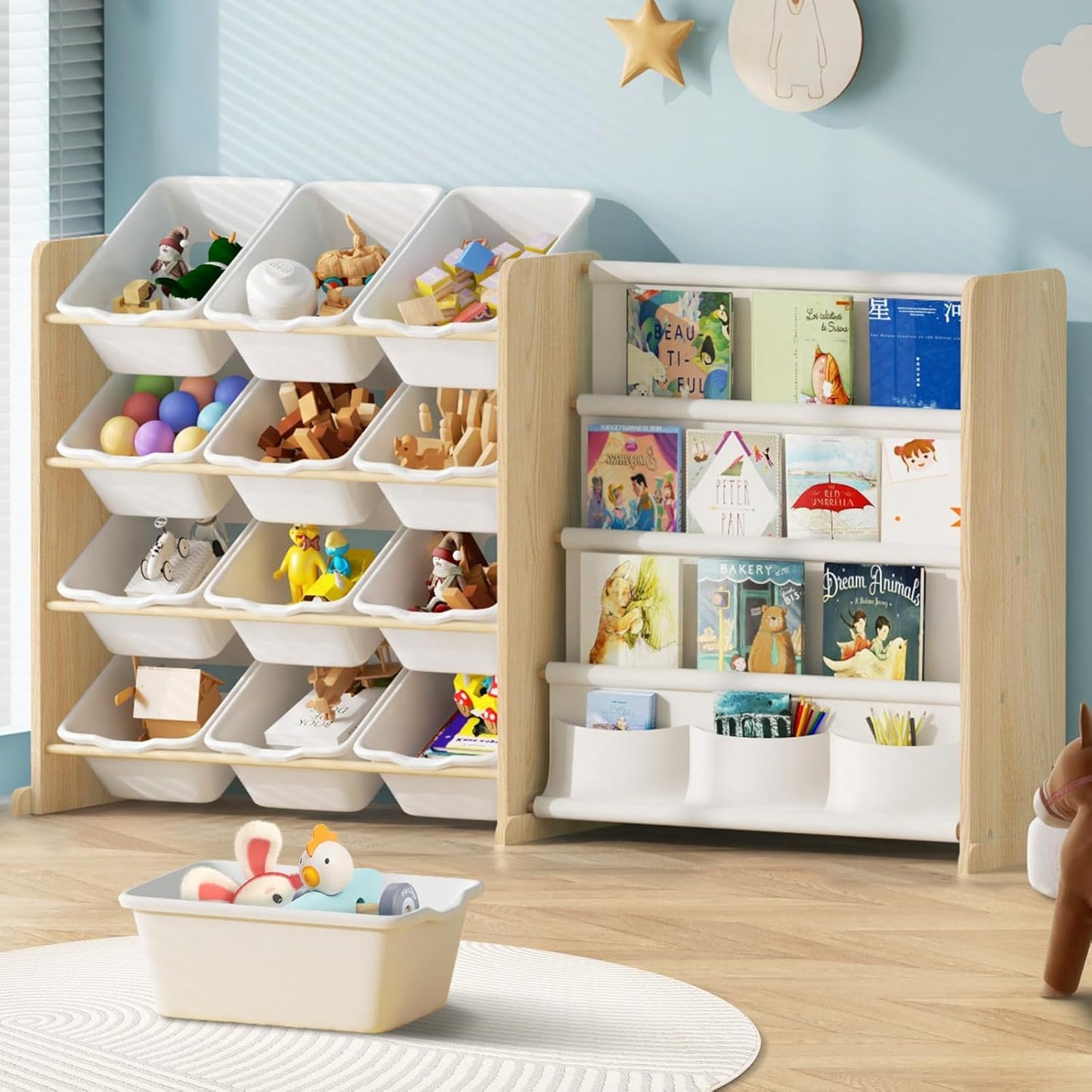 EXPERLAM Kids Toy Storage Organizer - Toy Organizer with Bookshelf, Toy Storage with 12 Toy White Bins and 4 Book Shelves