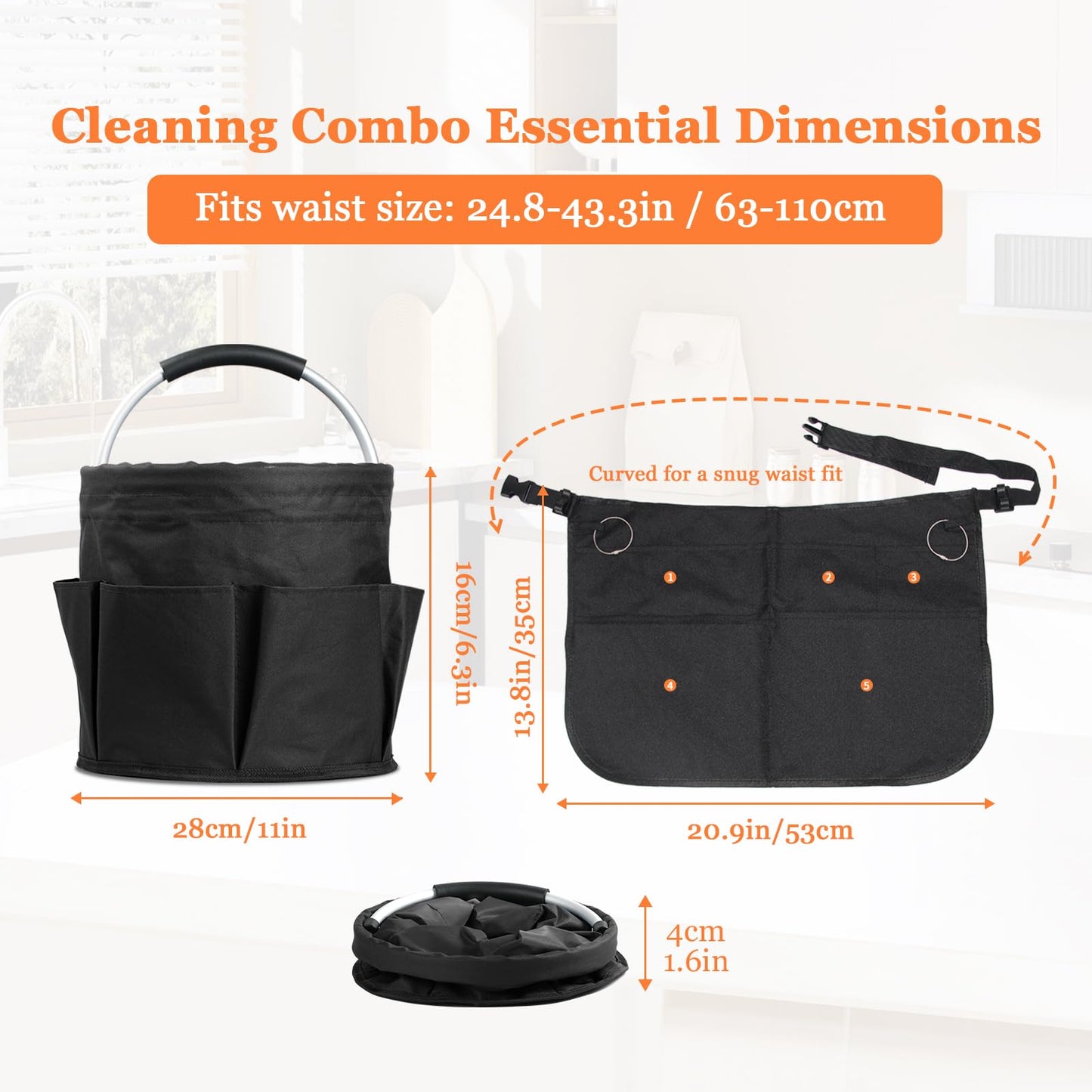 IHOMAGIC Professional Cleaning Supplies Organiser Set, 17L Collapsible Cleaning Caddy with 6 Pockets & Multi-Pocket Housekeeping Apron for Home