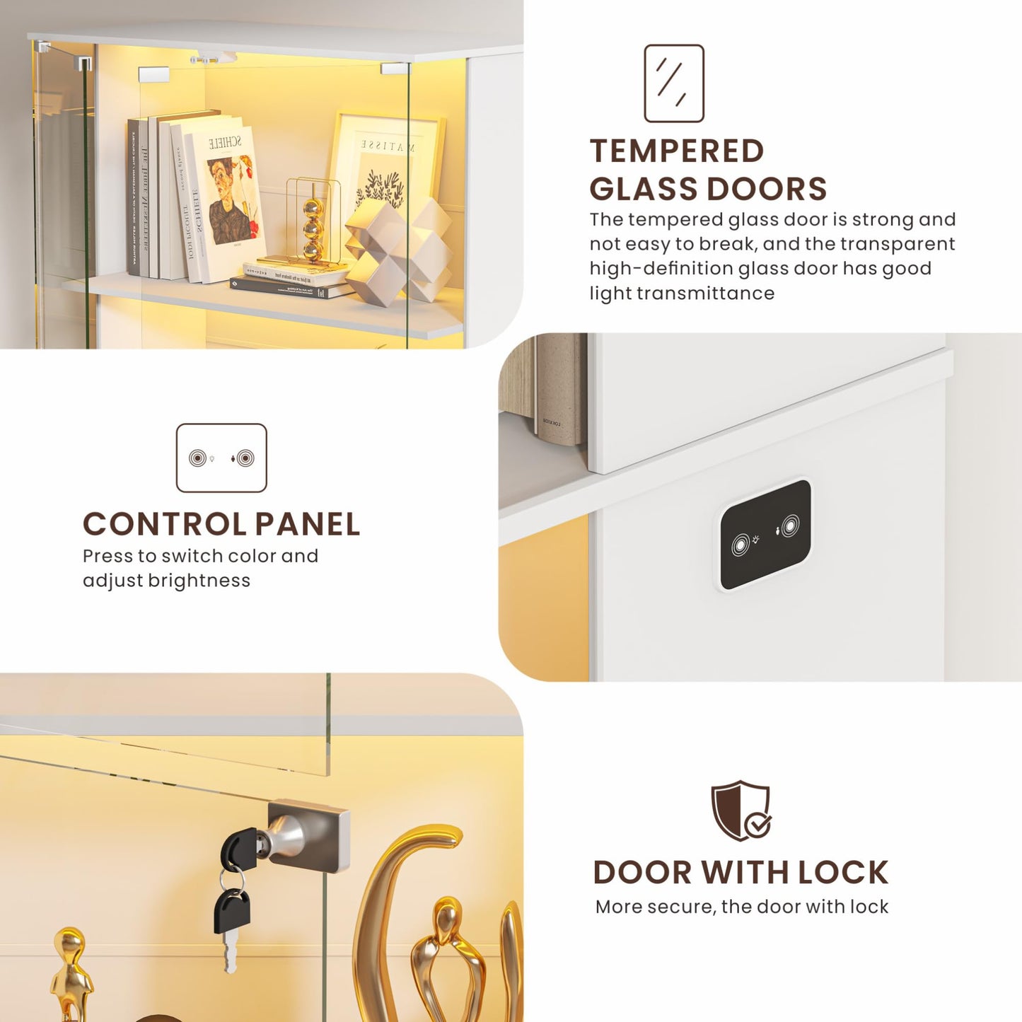 Gurexl Display Cabinets with Lockable and Glass Door for Collectibles,White