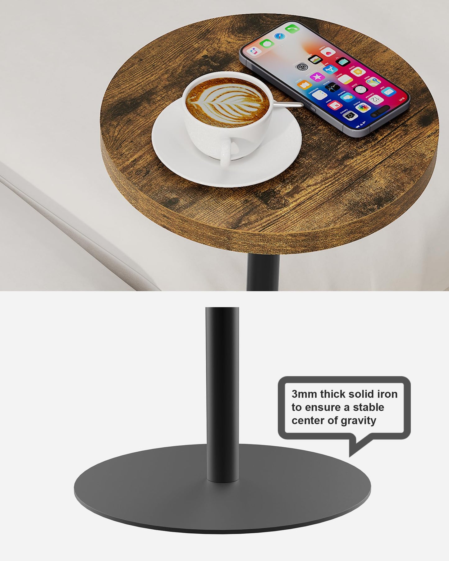 TUTOTAK Tall Round Side Table, Adjustable height, Small End Table, Drink Table, Pedestal Side Table, livingroom, Brown TB01BB096EU