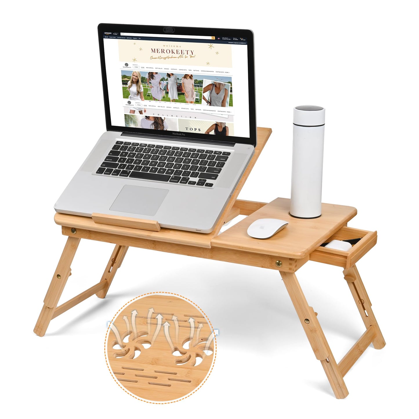 VASMIA Laptop Table,Laptop Desk for Bed with Adjustable Angle and Height,Bamboo Folding Desk for Working Reading and Breakfast,Natural