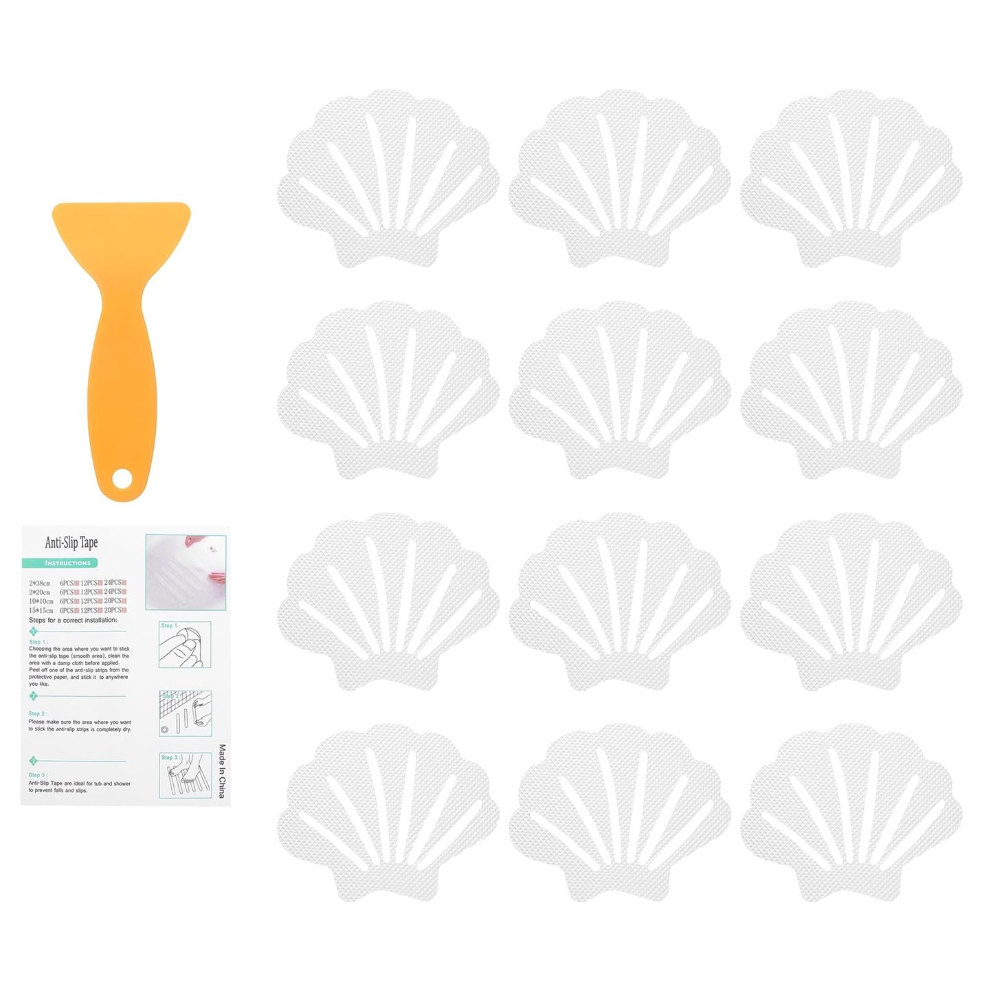 sourcing map 12Pcs Non-Slip Bathtub Stickers, 9x7 cm Shell Shape Shower Floor Non Slip Stickers with Scraper for Bathroom Shower Stairs Ladders, Clear