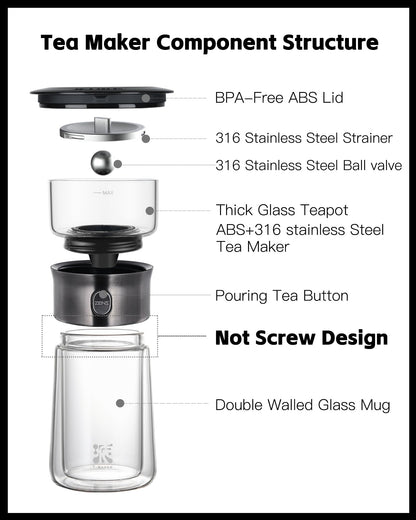 ZENS Modern Solo Tea Infuser Teapot, Smart One Touch Drip Tea Pot for Loose Tea Diffusers, Small Glass Gongfu Magic Teapot with 270ml Insulated Cup