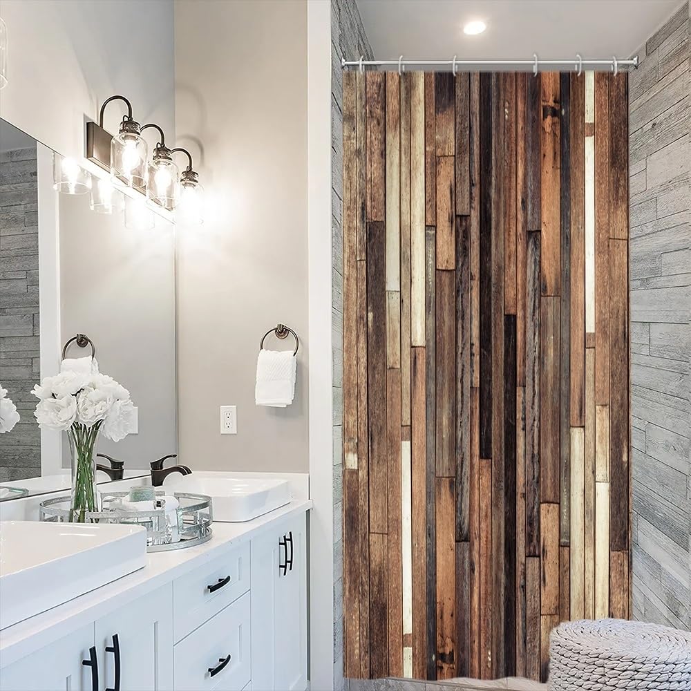 Xiaoterna Vintage Wooden Board Shower Curtain Brown Old Wood Plank Textured Waterproof Bathroom Curtain Retro Western Country Farmhouse Barn Home