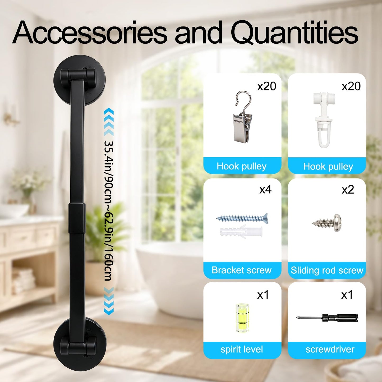 AuraCyzirine Black Shower Curtain pole90-160cm,180° Rotatable Ends,Dual Mount (Self-Adhesive/Screw),Shower Rail for Bathroom, Closet, Window