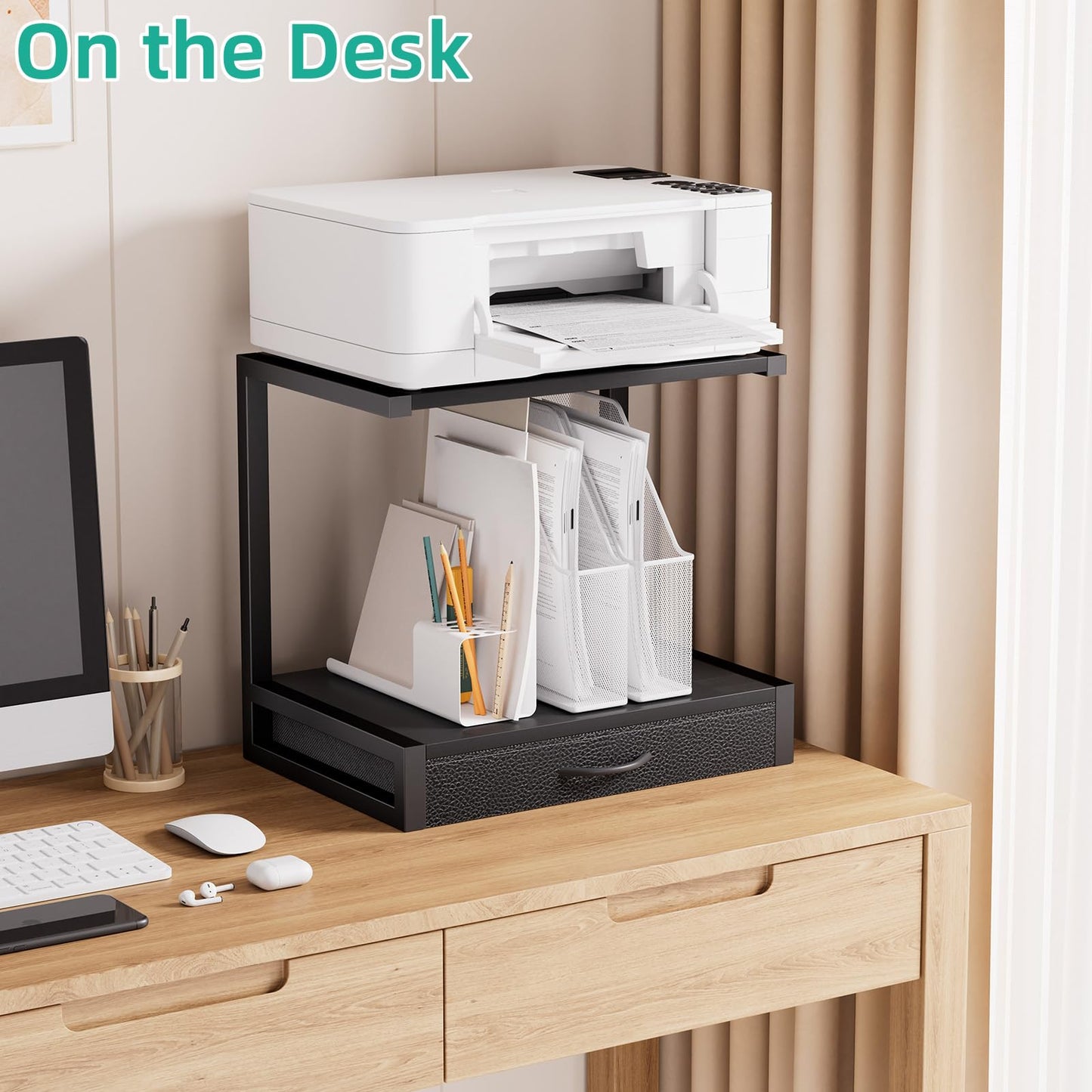 OYRREU 2-Tier Desktop Printer Stand with Fabric Drawer for Storage, Black