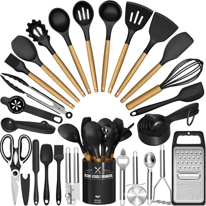 Kitchen Utensils Set - 34PCS Silicone Cooking Utensils with Holder, Heat Resistant, Nonstick Cookware Tongs Spatula Spoon Set, Wooden Handles Kitchen