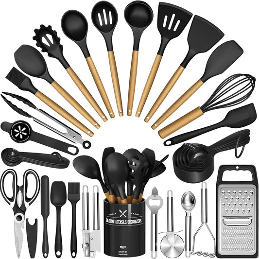 Kitchen Utensils Set - 34PCS Silicone Cooking Utensils with Holder, Heat Resistant, Nonstick Cookware Tongs Spatula Spoon Set, Wooden Handles Kitchen