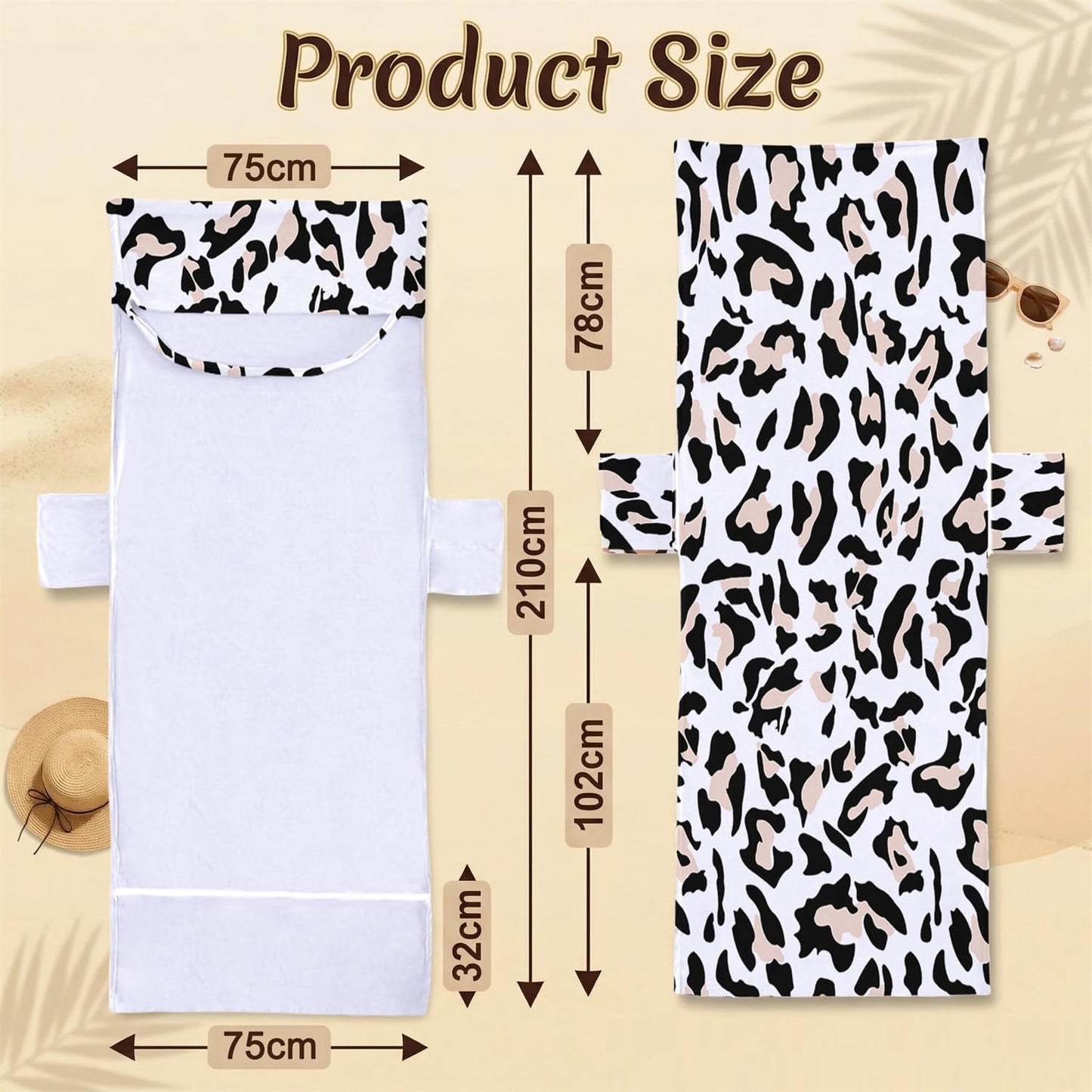 Surwin Sun Lounger Towel with Pockets, Leopard Print Beach Towel Chair Cover Sunbed Towels Lounger Bag for Summer Holiday Outdoor Garden Pool