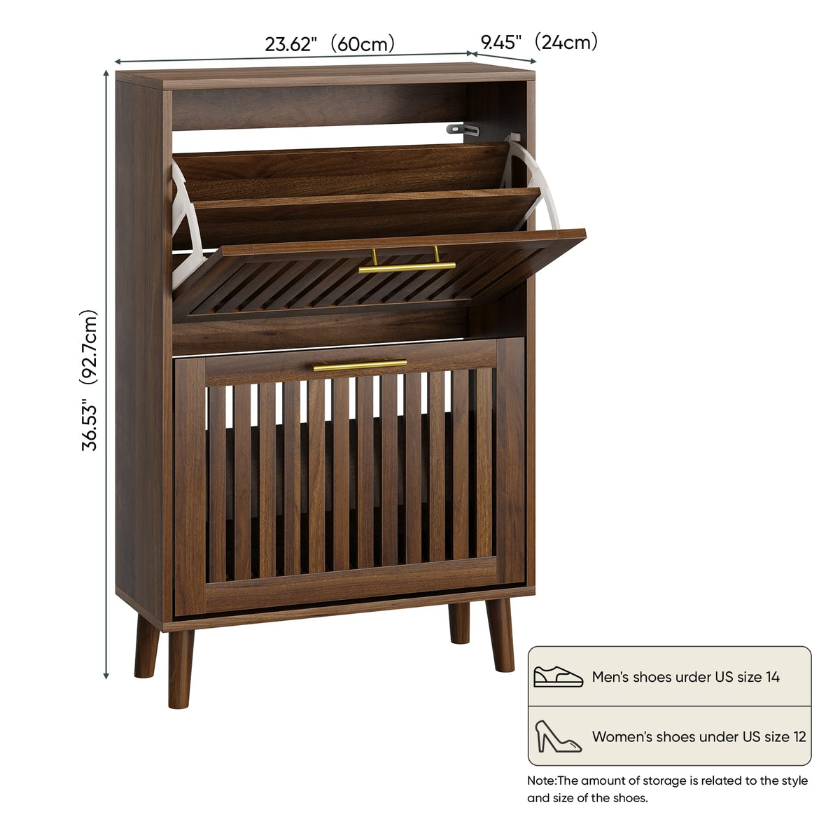 Smart FENDEE Shoe Cabinet with 2 Flip Slatted Drawers, Farmhouse Slim Shoe Organizer Rack with Golden Handles