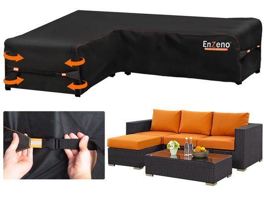 Enzeno Garden L-Shape Furniture Cover Waterproof, 420D Heavy Duty Oxford Fabric Outdoor Rattan Corner Sofa Cover with Waterproof Tape (210 * 260 *