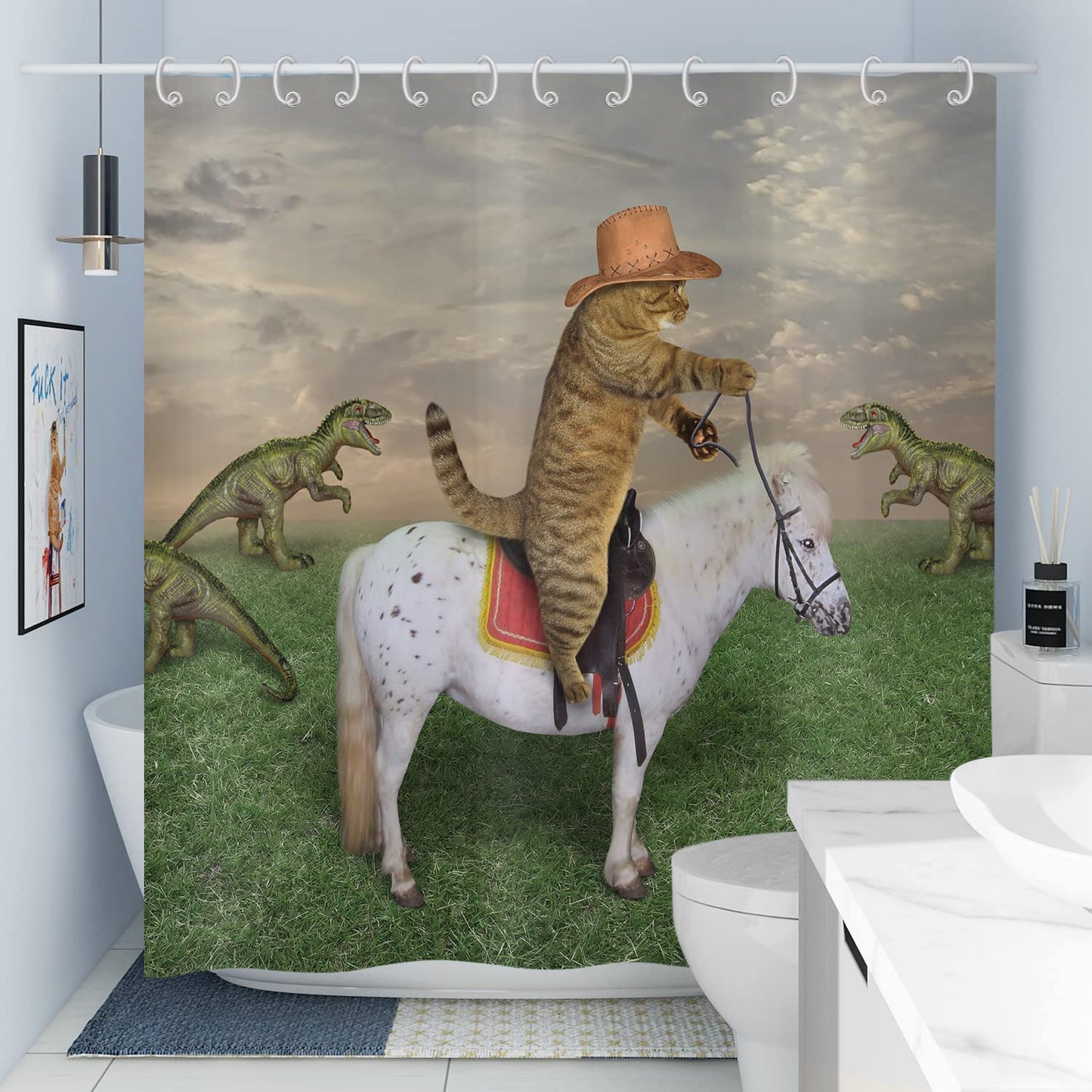 ASDCXZ Shower Curtain Funny 180x180 cm, West Cowboy Farm Funny Cat Ride Horse Washable Textile Bathroom Curtains Polyester Waterproof Shower Curtains