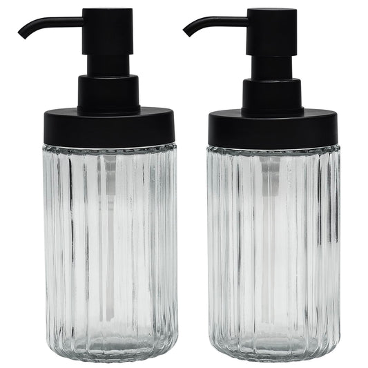 Premium Suanti 2-Pack Ribbed Glass Soap Dispenser Set for Bathroom & Kitchen Sink,Easy Refill Wide-Mouthed Soap Bottle with Matte Black Pump for