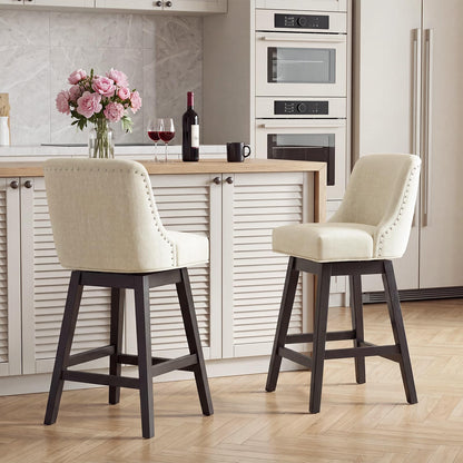 Bar Stools Set of 2, 360° Swivel Upholstered Counter Stools with Back, Wooden Frame Kitchen Bar Chairs with Nailhead Trim