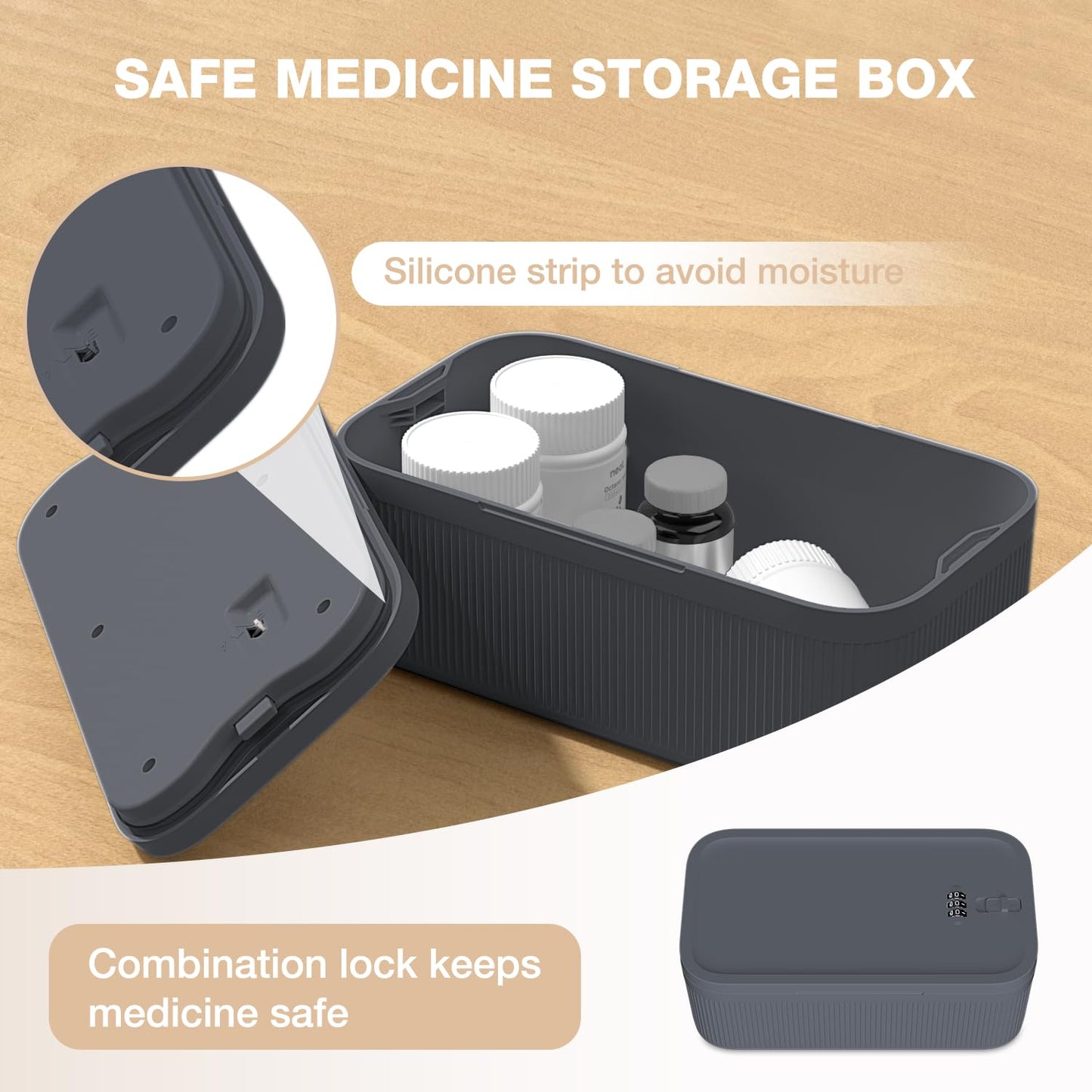 JOSTART Small Lockable Storage Box with Combination Code Portable Lockable Medicine Box BPA-Free Phone Safe for Home Refrigerator Office Travel (Gray)