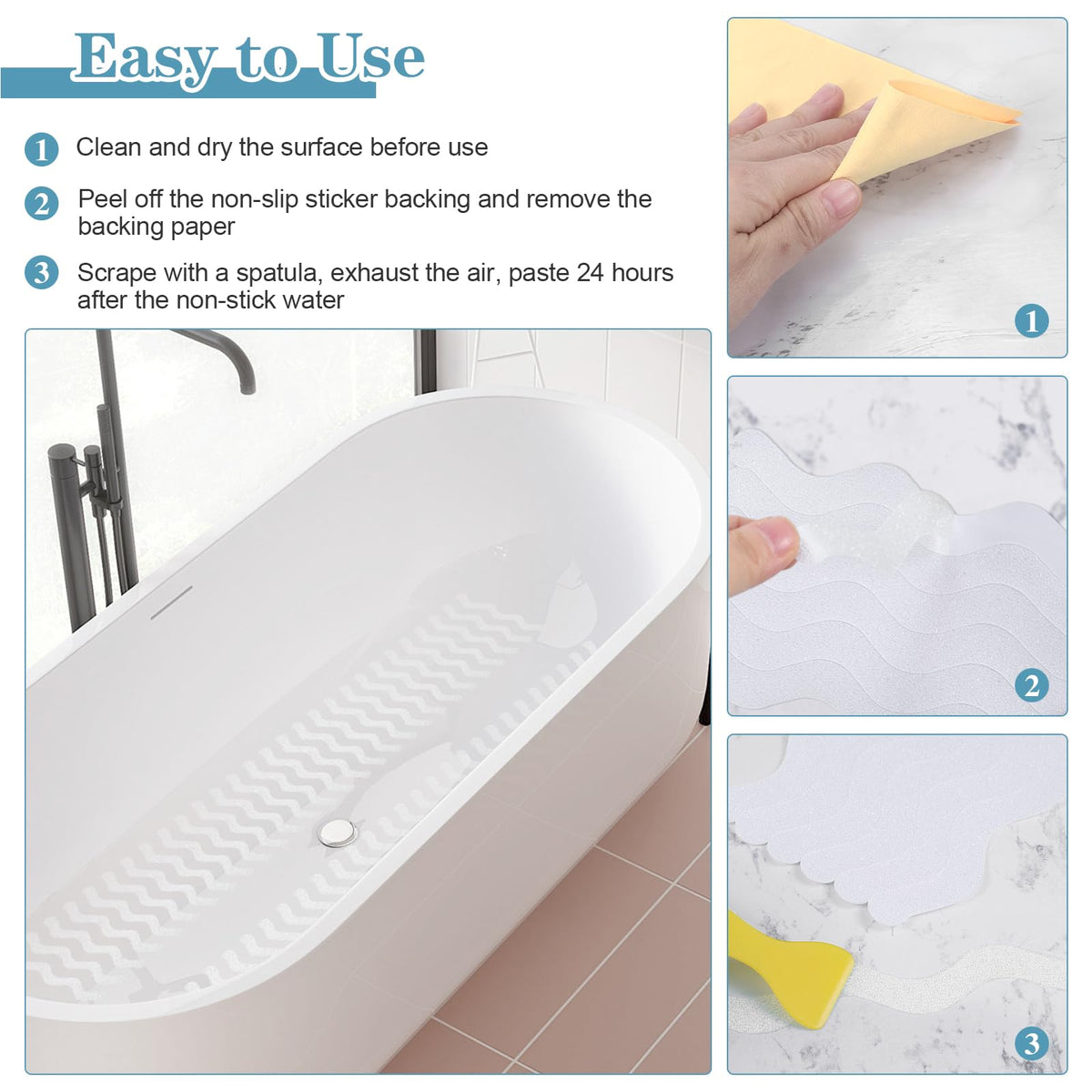 Mynoozi 36PCS Non-Slip Strip Stickers for Bath and Shower, Wave Anti-Slip Strip with Scraper, Non Slip Bathtub Stickers for Stairs, Shower Room