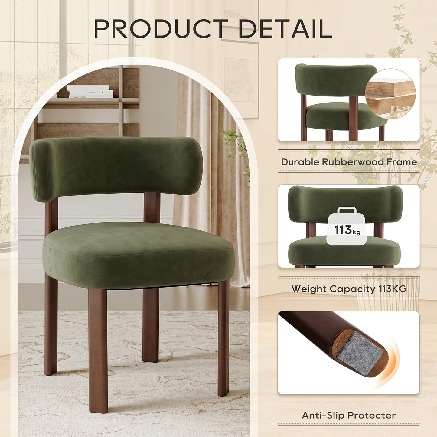 COLAMY Wooden Dining Chairs Set of 6, Velvet Fabric Chairs for Dining Room with Open Curved Backrest and Thick Seat Cushion
