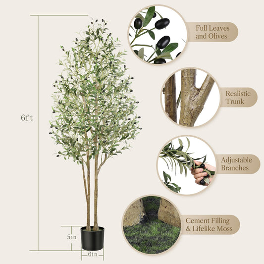 Alupssuc 6FT Artificial Olive Tree, Fake Olive Tree with Lifelike Olive Leaves, Faux Olive Tree Indoor Outdoor for Home Living Room Bedroom Balcony