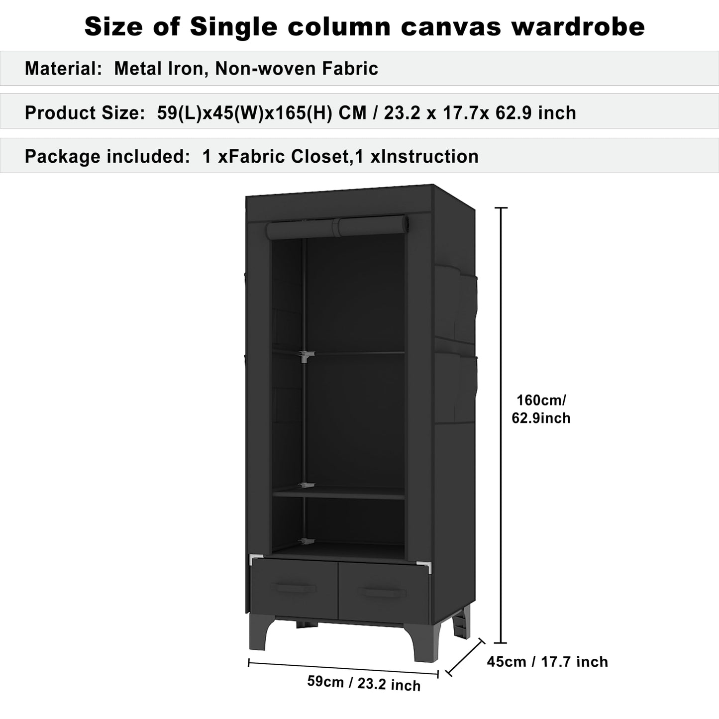 OPPAIYA Canvas Wardrobe, Temporary Wardrobe With Hanging Rails, 2 Shelves, 8 Side Bags & 2 drawer