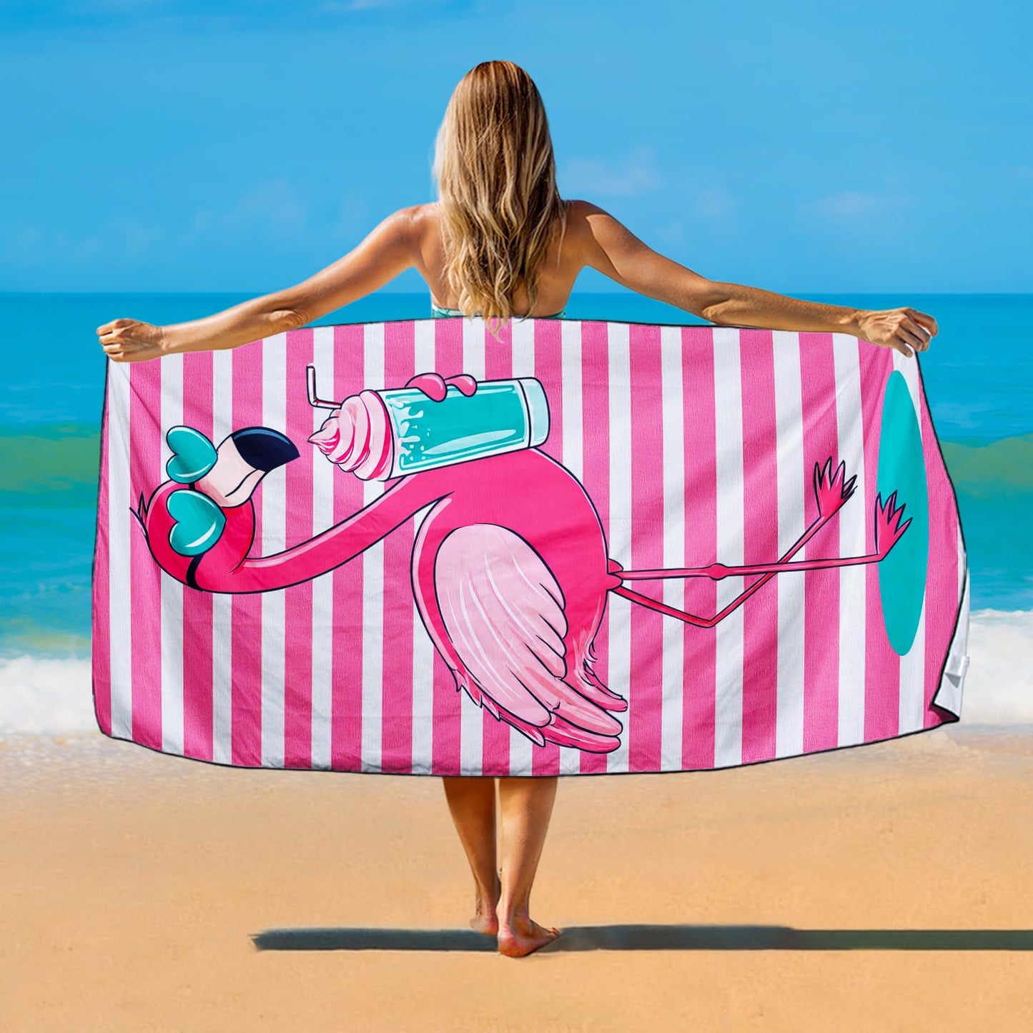 Violetpos Flamingo with Drink Beach Towel, Extra Large 180x90 cm 250GSM Microfibre, Sand Free Quick Dry