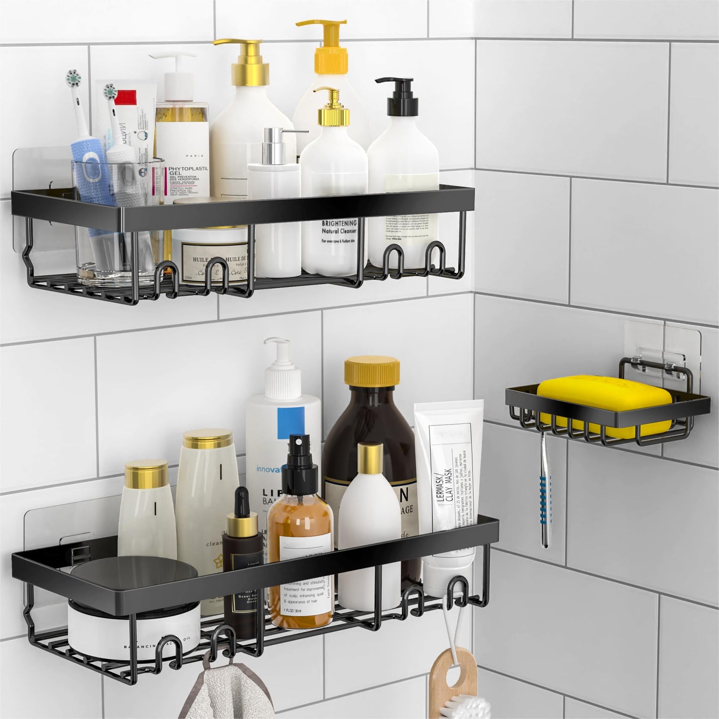 DIFULI Shower Caddy Shelf Organiser 3 Pack with Soap Holder, No Drill Black Shower Shelves,Self Adhesive Bathroom Storage Accessories