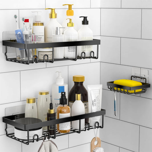 DIFULI Shower Caddy Shelf Organiser 3 Pack with Soap Holder, No Drill Black Shower Shelves,Self Adhesive Bathroom Storage Accessories