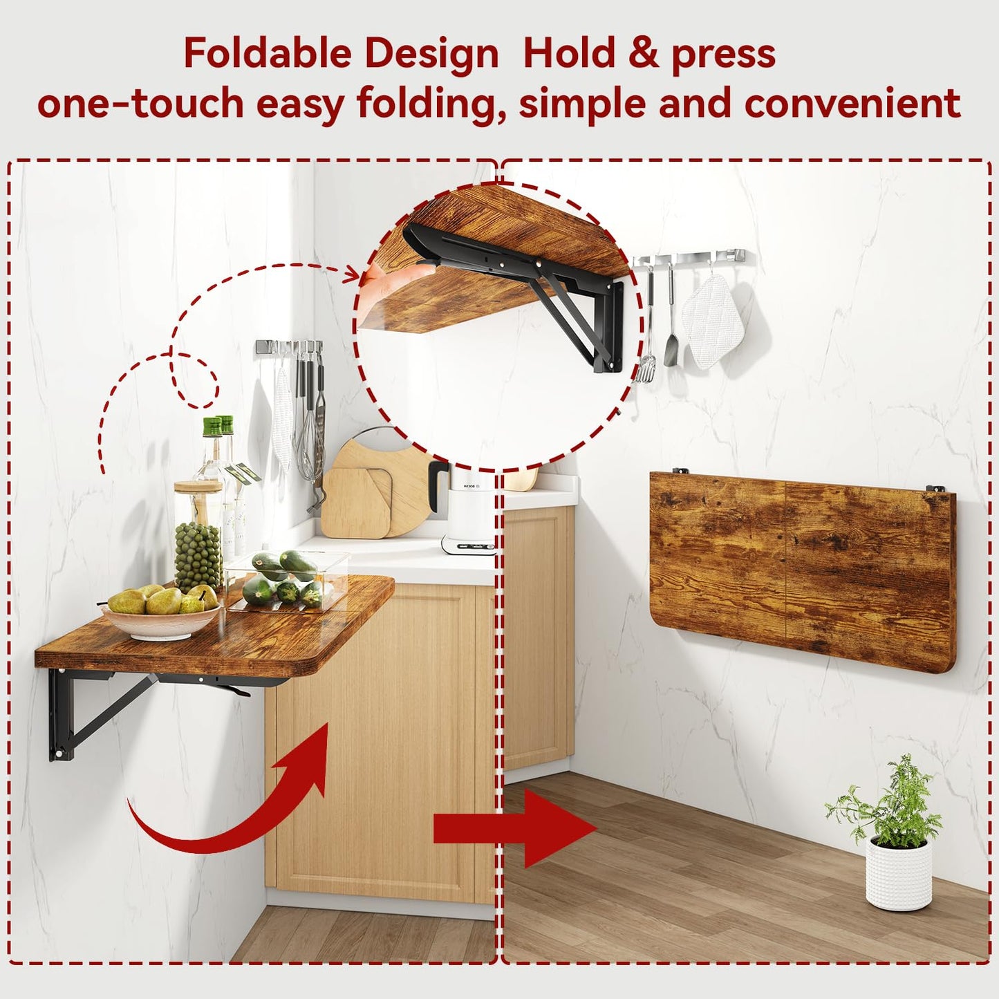 IBUYKE Wall Mounted Folding Table, Floating Wall Desk for Small Spaces, Fold Down Laundry Shelf with Heavy-Duty Brackets