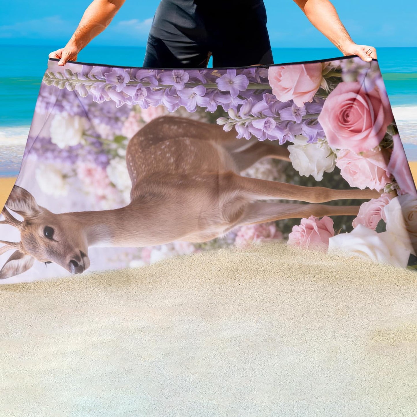 Violetpos Deer in Roses & Larkspur Beach Towel, Extra Large 180x90 cm 250GSM Microfibre, Sand Free Quick Dry