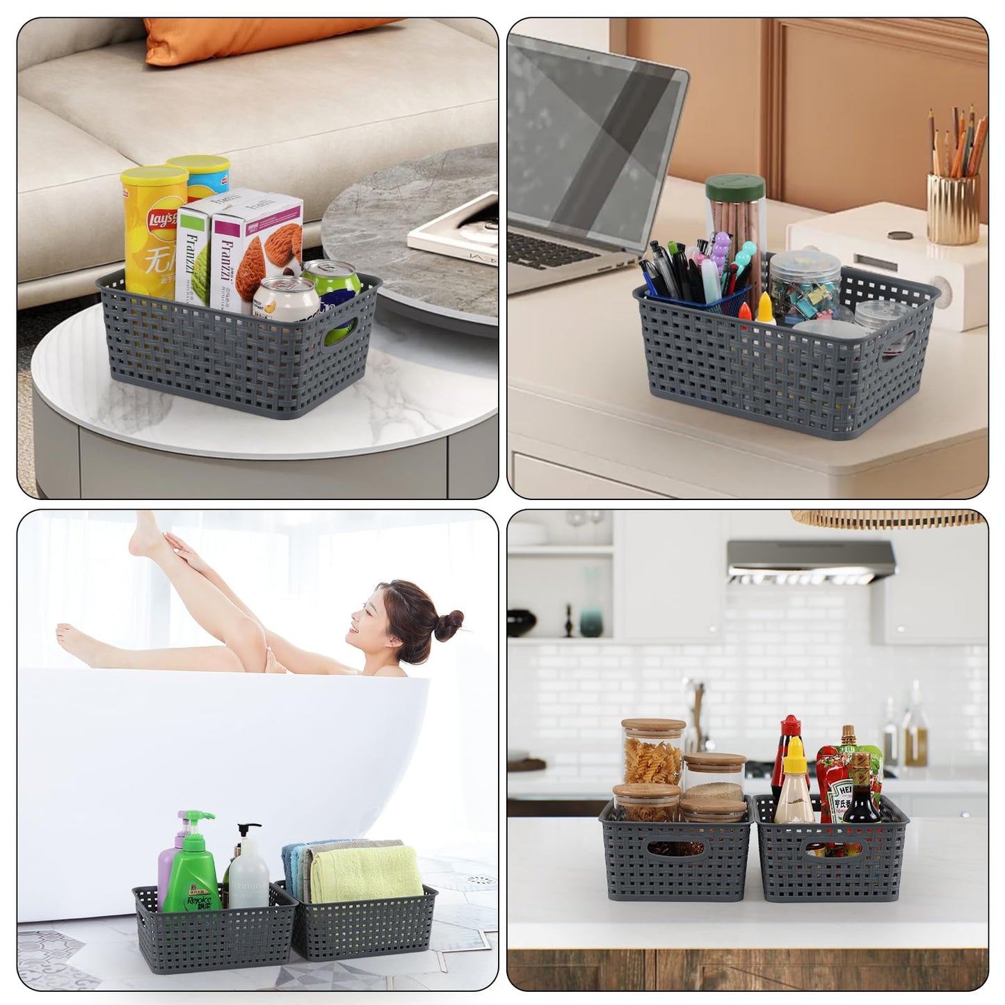 Jnktka Set of 6 Plastic Kitchen Cupboard Storage Baskets with Lids, Gray