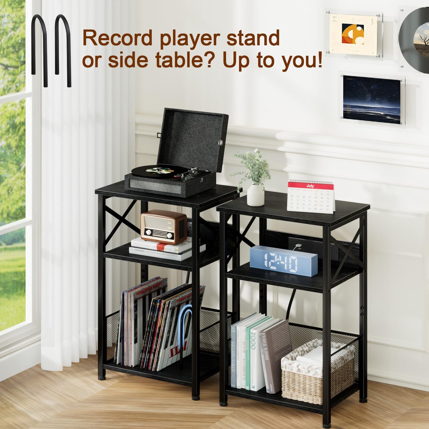 AMHANCIBLE Record Player Stand with Charging Station, Vinyl Record Storage