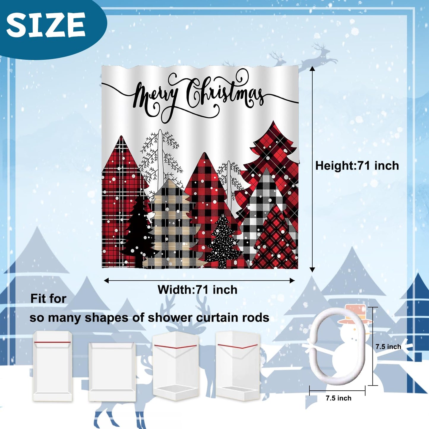 CoFlink 71×71 Inch Merry Christmas Shower Curtain, Waterproof Polyester Fabric Xmas Shower Curtain with 12 Hooks Machine Washable Quick Dry for