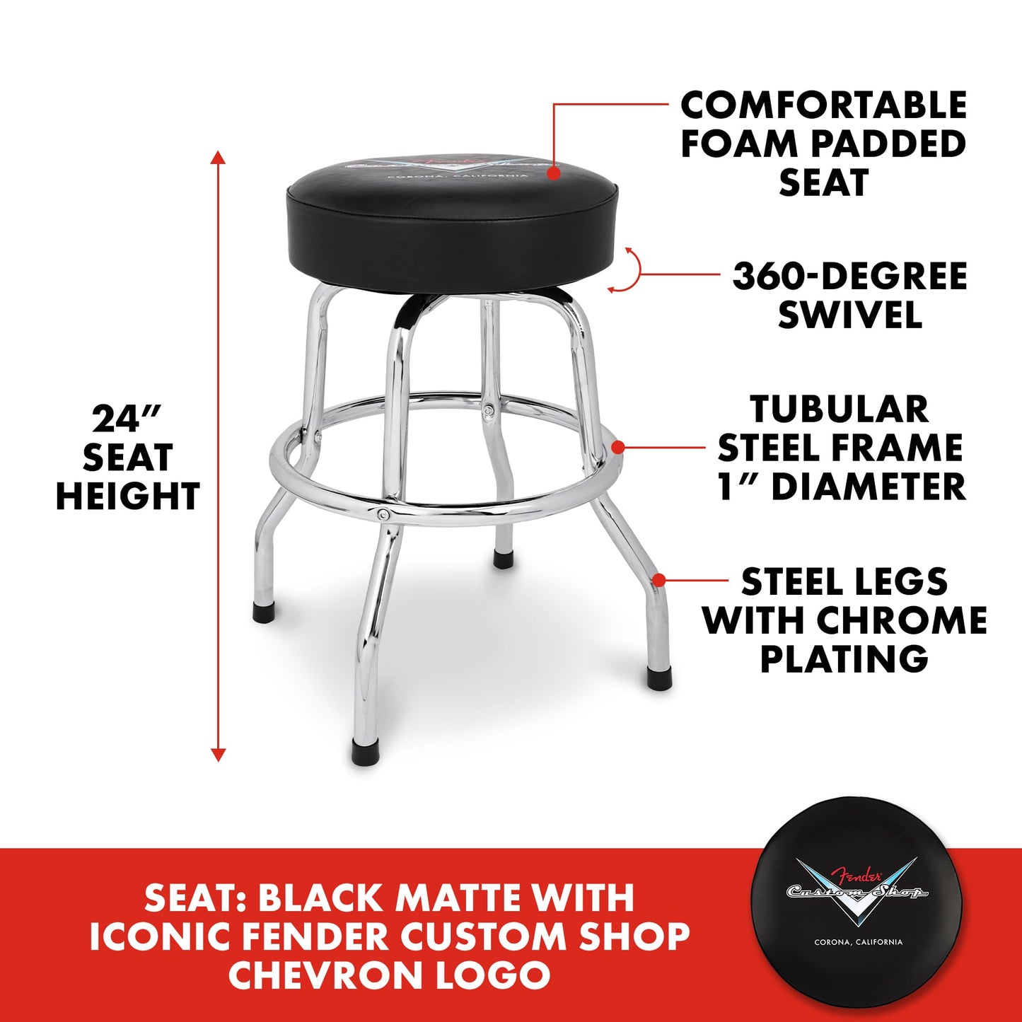 Fender Custom Shop Chevron Logo Barstool, Padded Swivel Seat, 24 In