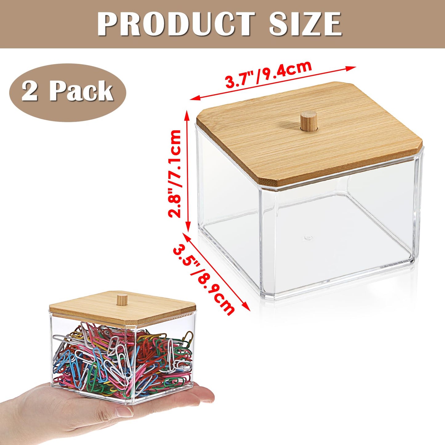 SUMTree 2 PCS Square Qtip Cotton Ball Holder Qtip Dispenser with Bamboo Lid