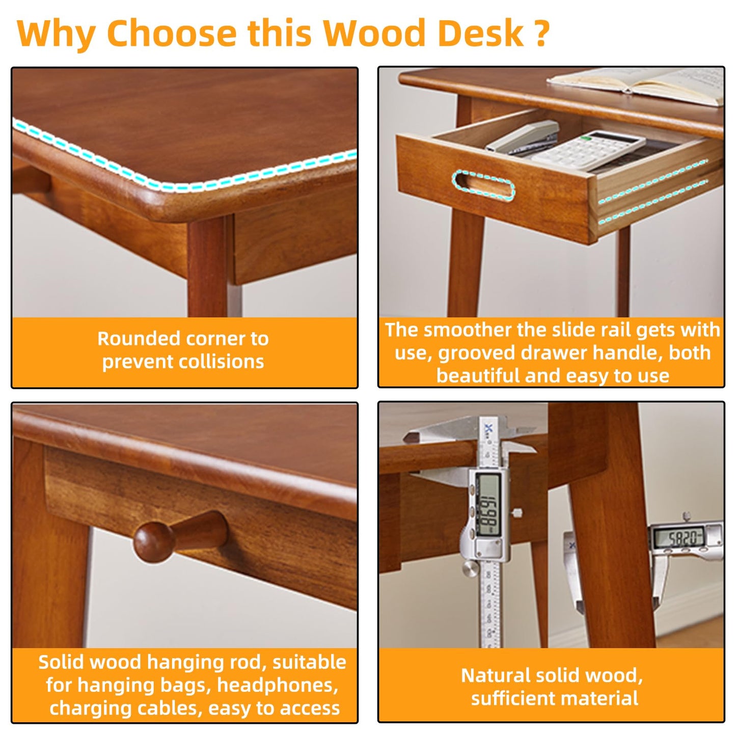 Aibiju Solid Wood Desk with Drawers, 47 Inch Computer Desk for Modern Minimalist Style, Gaming Study Home Office Desk for Work