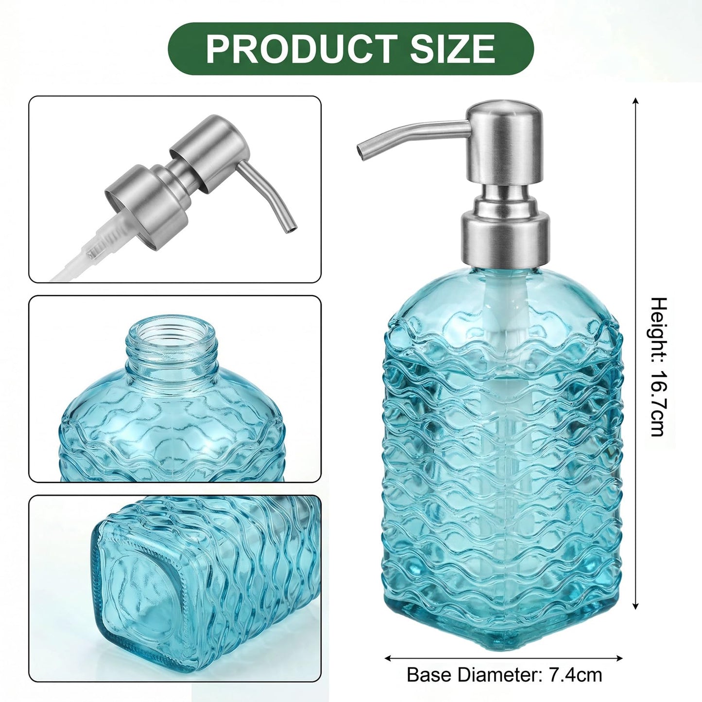 Glass Soap Dispenser Blue - 400ml Hand Soap Dispenser with Stainless Steel Pump Ripple Square Liquid Hand Jar Refillable Glass Bottle for Bathroom