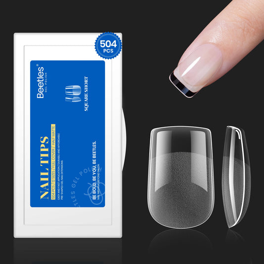 Beetles XS Short Square Nail Tips - 504 Pcs, 12 Sizes, Half Matte Etch, Full Cover False Nails for Gel Polish Nail Art Design, Glues Needed