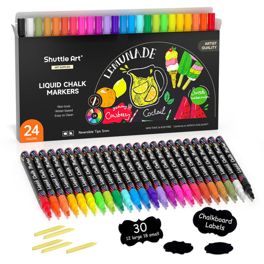 Shuttle Art Chalk Markers, 24 Vibrant Colors Liquid Chalk Markers Pens for Chalkboards, Windows, Glass, Cars, Erasable, 3mm Reversible Fine Tip with