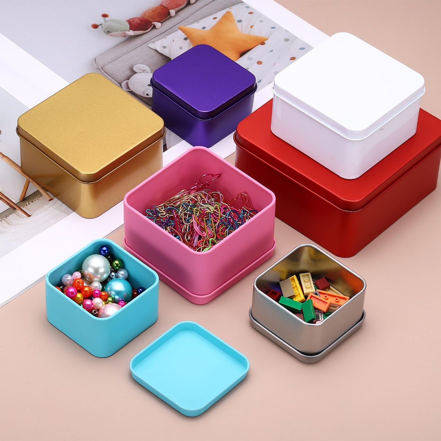 sourcing map 2Pcs Metal Tin Box, 3.1x1.8 Square Empty Tinplate Containers with Lid Portable Storage Box Candy Jars for Valentine's Day