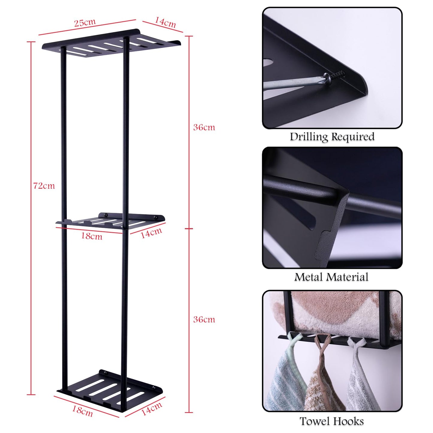 Towel Rack Wall Mounted, 3-Tier Bathroom Towel Shelf Wall Mounted With Hooks, 72cm Space-Saving Black Towels Holder Metal Bathroom Organizer For