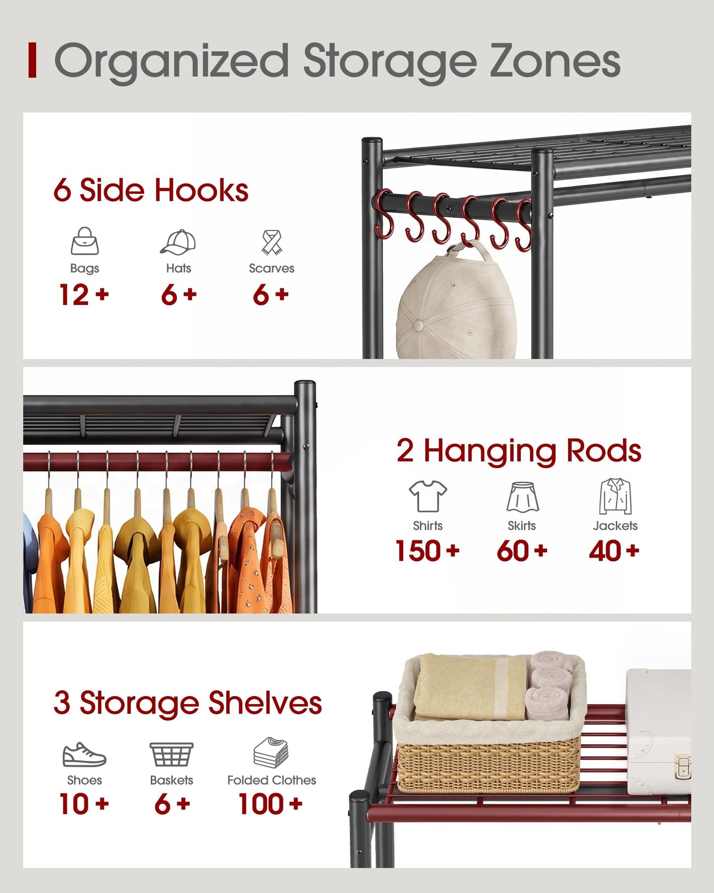 Sakugi Metal Clothing Rack Shelves Hooks & Wheels, 84x31x202cm, Black
