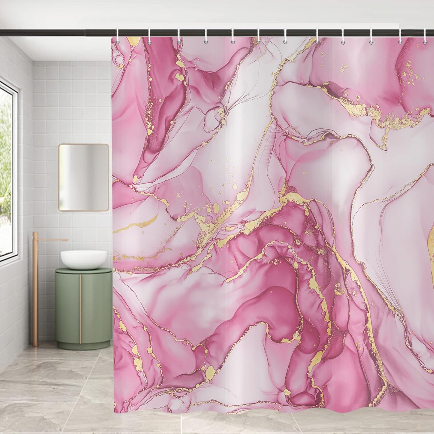 ASDCXZ Pink Marble Shower Curtain 180x200 cm, Modern Abstract Art Pink Gold Marble Optics Texture Waterproof Bath Curtain Polyester Textile Washable