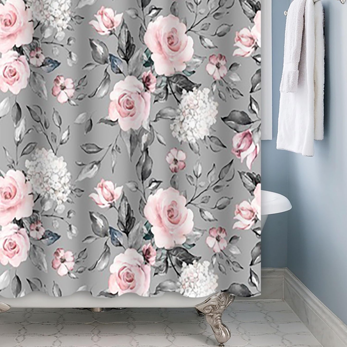 Xiaoterna Eucalyptus Leaf Shower Curtain Flower Plant Bathroom Curtain Vintage Pink Rose Flower with Green Leaf Plant Nature Aesthetic Shower Curtain