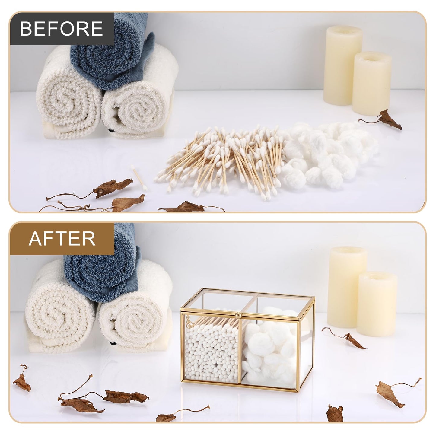 SUMTree Gold Glass Cotton Swab Holder with 2 Compartments, 14*9.5*9cm