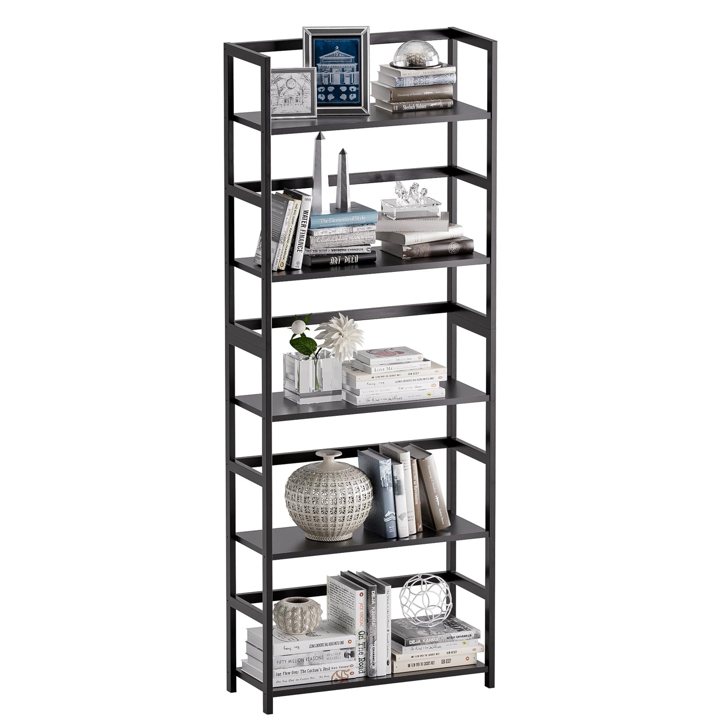 vovala 5-Tier Bamboo Wood Ladder Bookshelf, Tall Display Storage Shelf, Large Bookcase Modern Industrial Stand Organizer for Home, Office