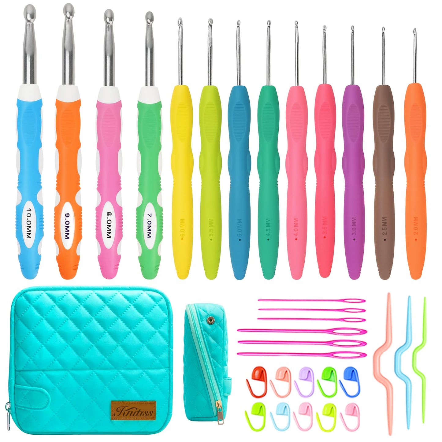 Knitiss 33pcs Crochet Hooks Set, 13 Sizes Ergonomic Crochet Hooks with Case (2.0-10.0mm), Complete Crochet Kit for Beginners with Aluminium Crochet