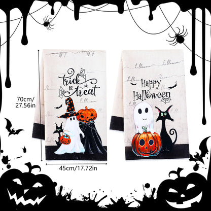 Dmnnlp 2 Pcs Halloween Kitchen Dish Towel, 45x70cm Pumpkin Ghost Black Cat Halloween Tea Towels Washcloths Cleaning Cloths