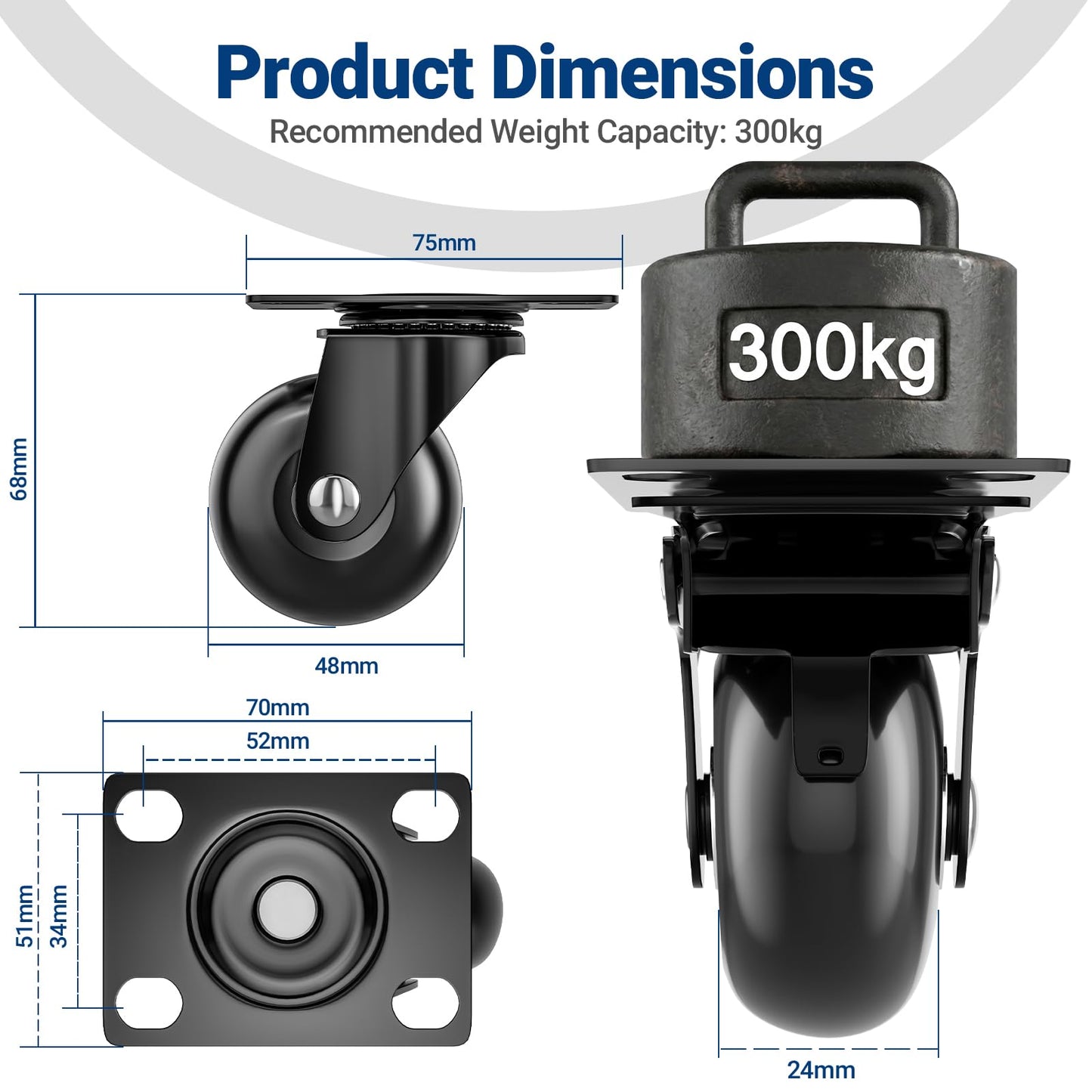 COSYLAND Heavy Duty Castors 50 mm Max Load 320 kg Extra Quiet and Durable Heavy Duty Swivel Casters for Heavy Duty and Industrial Loads with Plate