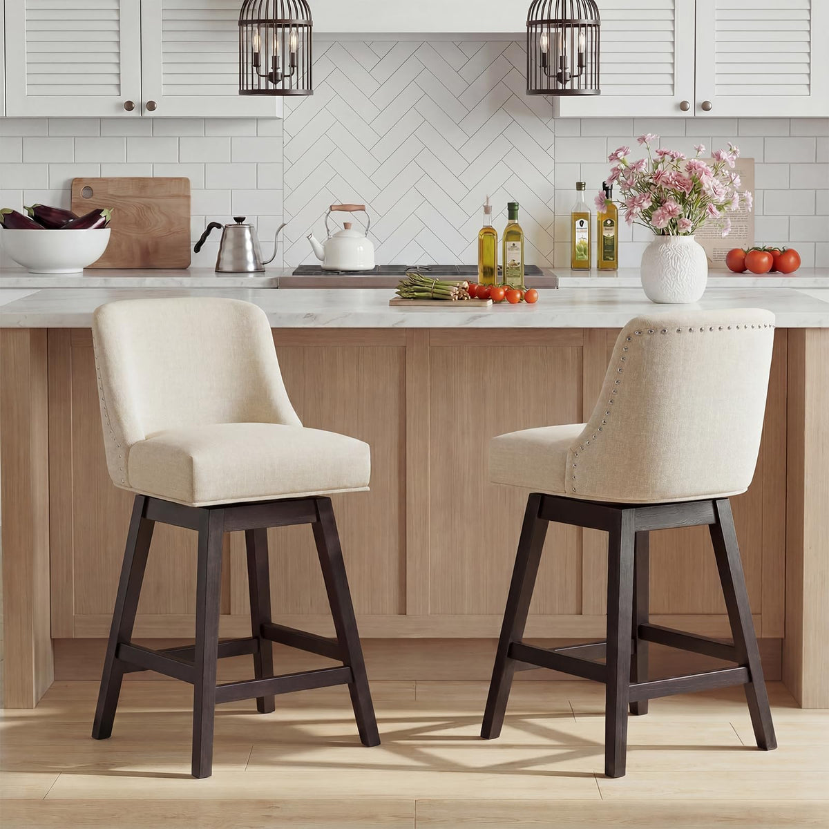 Bar Stools Set of 2, 360° Swivel Upholstered Counter Stools with Back, Wooden Frame Kitchen Bar Chairs with Nailhead Trim